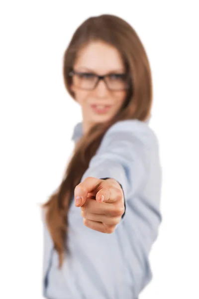 Young woman shows forefinger forward — Stock Photo, Image