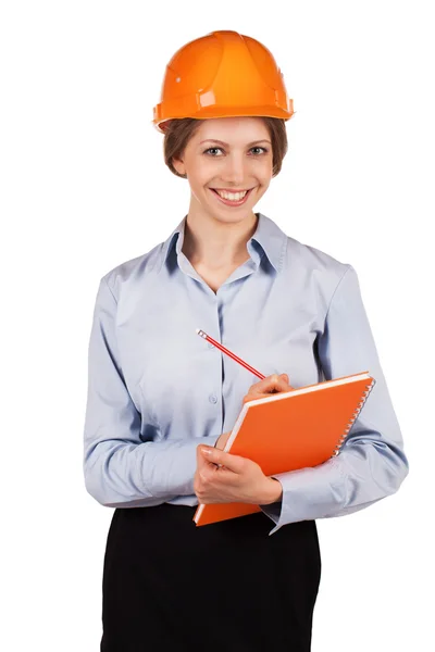 Cute woman engineer in protective helmet — Stock Photo, Image