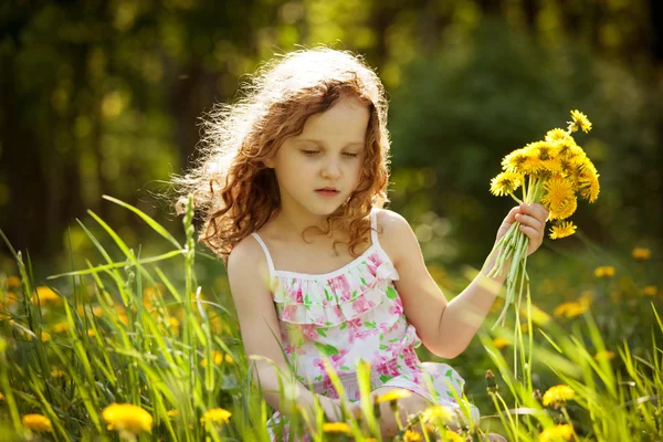 Girl gathers a bouquet of dandelions — Stock Photo, Image