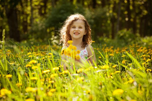 Liten flicka med en bukett maskrosor — Stockfoto