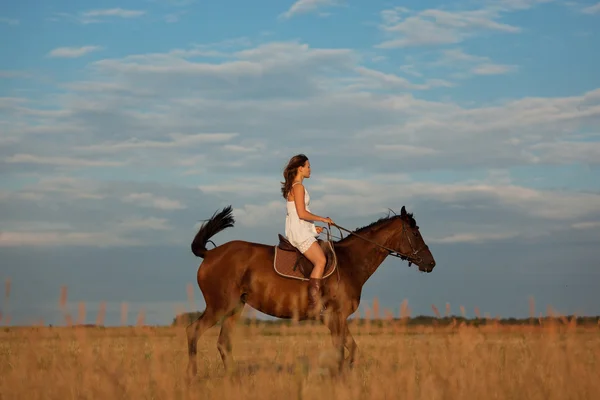 Chica montando un caballo en el campo — Foto de Stock