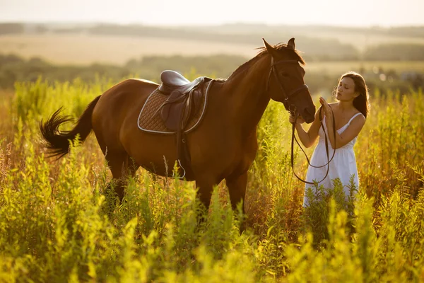 Chica feliz cerca de un caballo —  Fotos de Stock