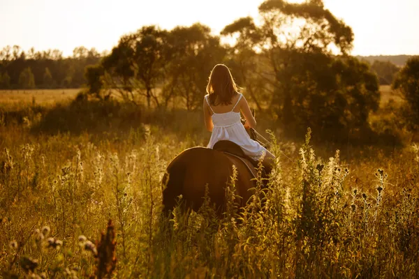 Mujer con un vestido montado en un caballo adulto —  Fotos de Stock