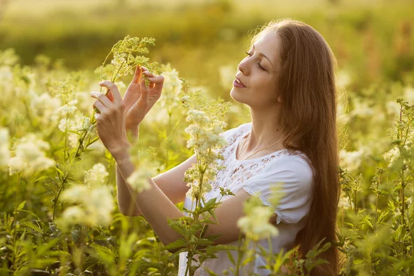 Gelukkig meisje onder de hoge wilde bloemen — Stockfoto