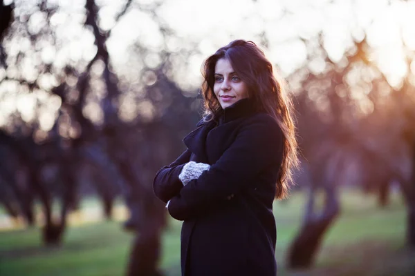 Mulher Bonita Nova Casaco Suéter Está Parque Outono Noite — Fotografia de Stock