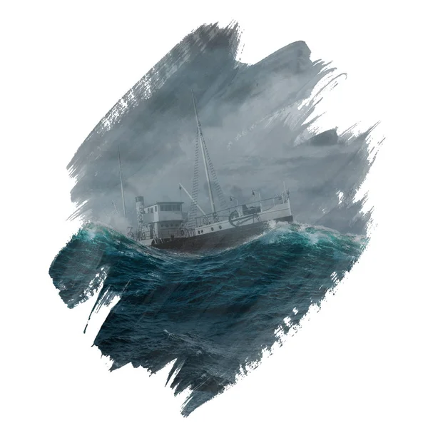 Πλοίο Μπλε Κυματιστή Θάλασσα Βαμμένο Πινέλο — Φωτογραφία Αρχείου