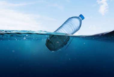 Plastik şişe denize atılır ve yüzer.