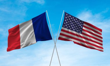 Fransız ve Amerikan bayrağı sallıyor. Üç boyutlu illüstrasyon. 3B Hazırlama.