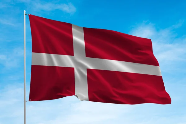 Bandeira Dinamarca Acenando Céu Azul — Fotografia de Stock