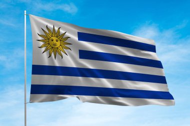 Mavi gökyüzünde dalgalanan Uruguay bayrağı. Üç boyutlu çizim. Üç boyutlu illüstrasyon. Üç boyutlu görüntüleme. 3 Boyutlu Hazırlama.