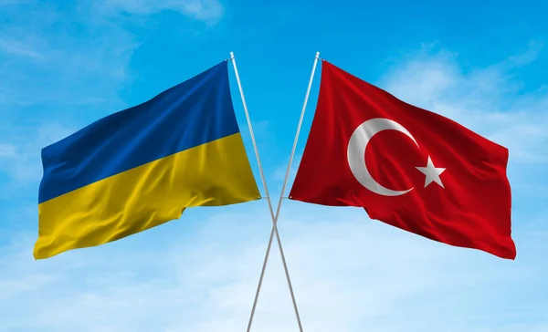 Mavi Gökyüzünde Dalgalanan Ukrayna Türkiye Bayrakları Boyutlu Illüstrasyon Hazırlama — Stok fotoğraf