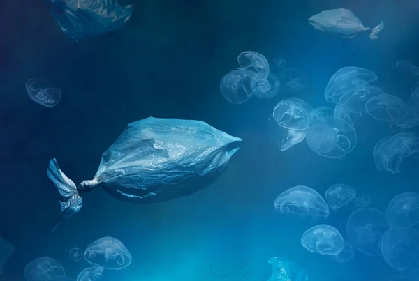 environmental and marine pollution, plastic bags in the form of fish thrown into the sea and jellyfish