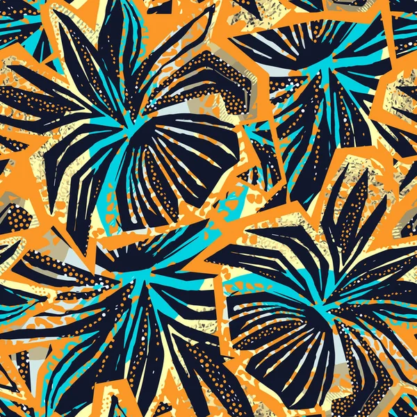 Exotic Seamless Tropical Flowers Pattern Textile Ink Brush Strokes Design — стоковый вектор