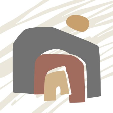 Boho soyut boya sanatı son moda sıcak renklerde. Kabile tarzında elle çizilmiş tasarım, eşsiz çizikler, suluboya lekeli arka plan. Etnik esinlenilmiş mürekkep boyalı geometrik baskı