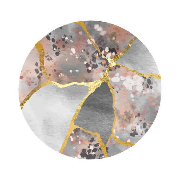 Золотые кинты на круглом фоне. Стиль брызг краски. Абстрактный элегантный шаблон. Акриловая жидкость. Линейное искусство.