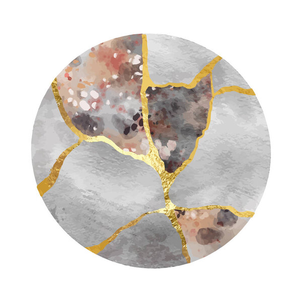 Золотые кинты на круглом фоне. Стиль брызг краски. Абстрактный элегантный шаблон. Акриловая жидкость. Линейное искусство.