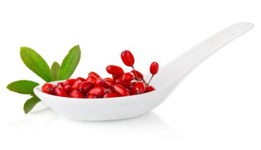 Barberries in spoon with green leaf