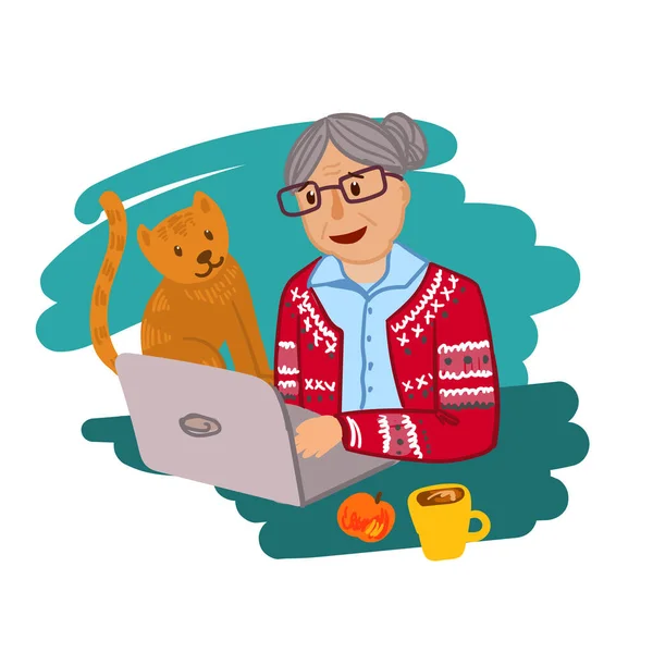 Bilgisayarı olan mutlu bir büyükanne. Büyükanne ile el çizimi güzel vektör çizimi. — Stok Vektör
