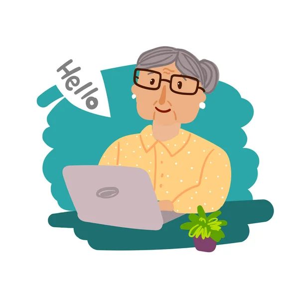 Glad mormor med laptop. Hand dras vacker vektor illustration med mormor. — Stock vektor