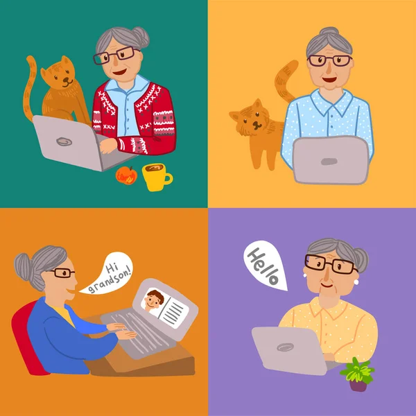 Glad mormor med laptop. Hand dras vacker vektor illustration med mormor. — Stock vektor