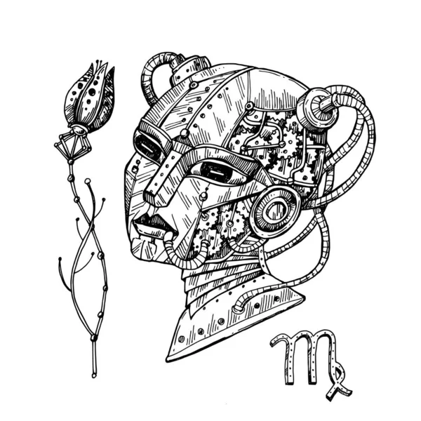 Virgo zodiaco meccanico. Illustrazione disegnata a mano stile steampunk. — Vettoriale Stock