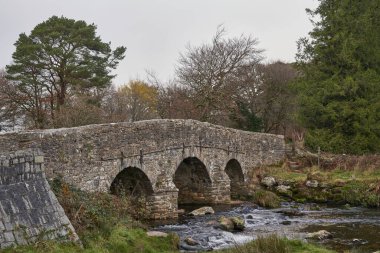 Devon, İngiltere 'deki Dartmoor' daki Doğu Dart Nehri üzerindeki tarihi taş köprü.