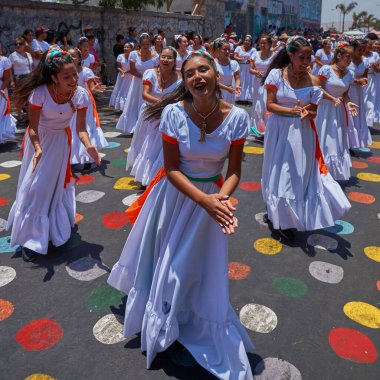 Arica, Chile - 10 Şubat 2017: Grup dansçılar, Afrika kökenli (Afrodescendiente) yıllık performans Carnaval Andino con la Fuerza del Sol Arica, Chile.
