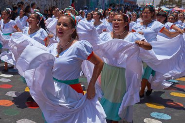 Arica, Chile - 10 Şubat 2017: Grup dansçılar, Afrika kökenli (Afrodescendiente) yıllık performans Carnaval Andino con la Fuerza del Sol Arica, Chile.