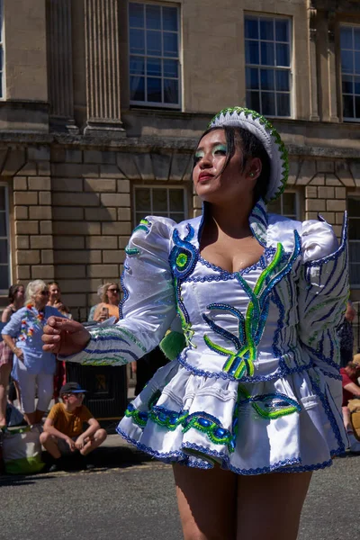 Bath England United Kingdom July 2022 Caporales Dancers Ornate Costumes — Foto de Stock