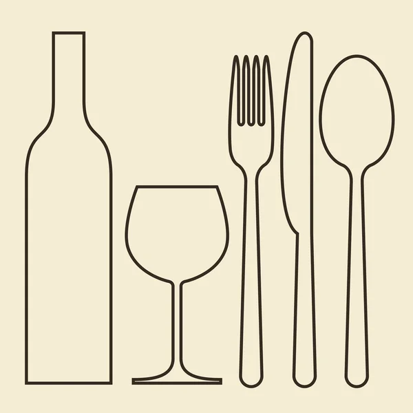 Fles en wijnglas, vork, mes, lepel — Stockvector
