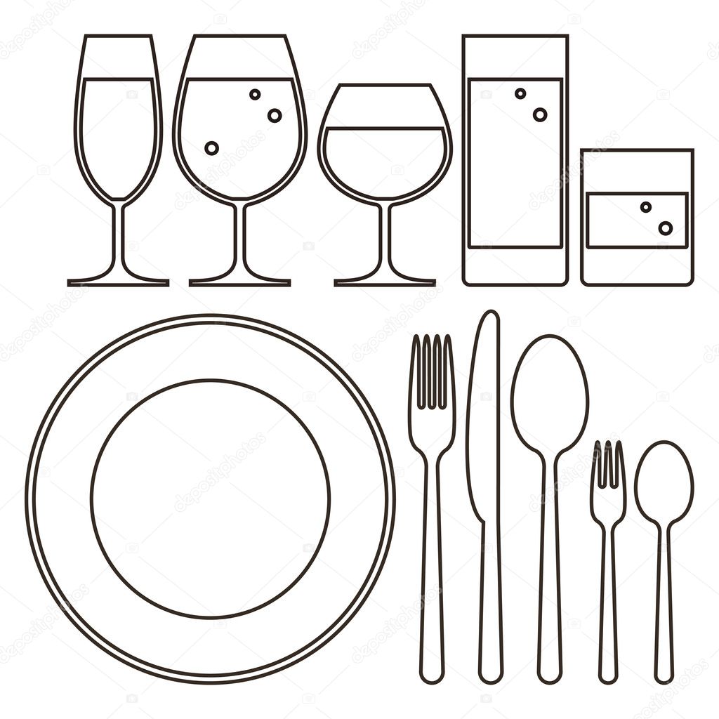 Plate, knife, fork, spoon and drinking glasses