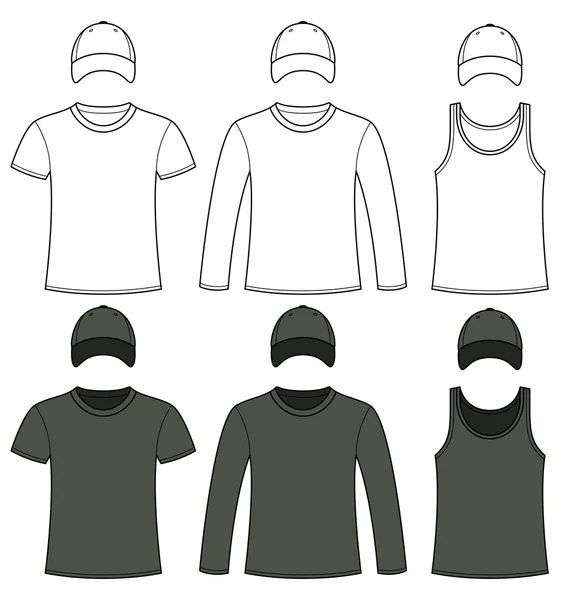 Singlet, T-shirt, Long-sleeved T-shirt and Cap template — Stock Vector