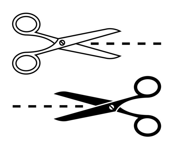 Vector scissors with cut lines. Set of cutting scissors