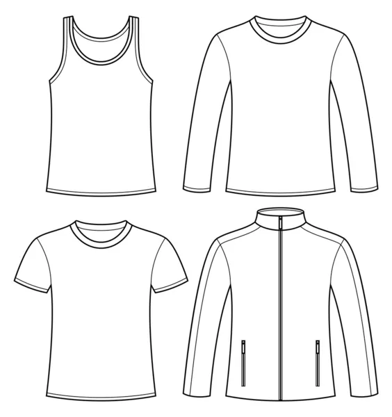 Singlet, T-shirt, Long-sleeved T-shirt and Jacket template — Stock Vector