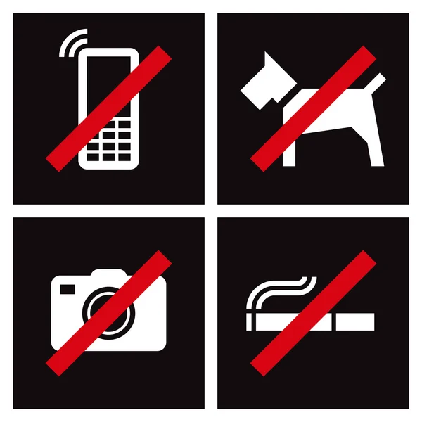 Rauchen verboten, Fotografieren verboten, keine Hunde, Handy verboten. — Stockvektor