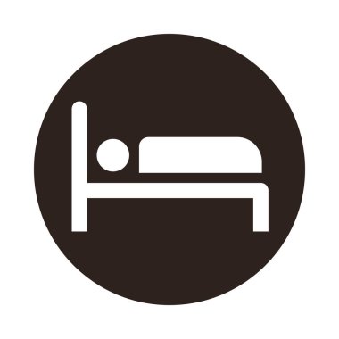 Otel simgesi, beyaz arkaplanda izole edilmiş yatak tabelasındaki kişi