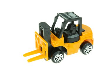 Depodaki Sarı Forklift yükleyici kamyon ekipmanı beyaz arka planda izole edilmiş. Bunun kırpma yolu var.