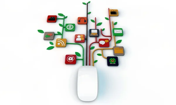 White mouse connected with web icons — Stock Photo, Image