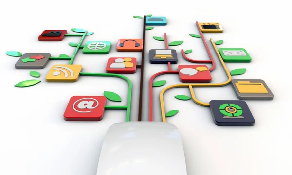 White mouse connected with web icons — Stock Photo, Image