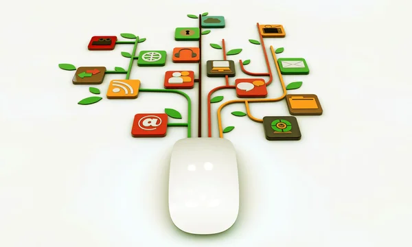 Ποντίκι υπολογιστή συνδεδεμένο με εικονίδια ιστοσελίδων — Φωτογραφία Αρχείου