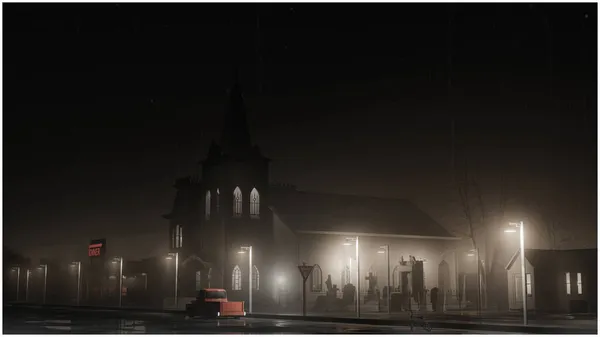 old church in a huge empty street of a small town 3d illustration