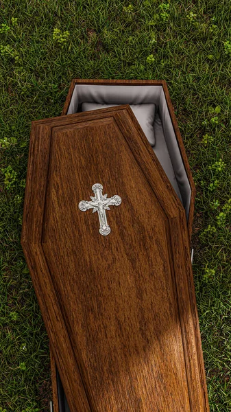 緑の草の上の木製棺3Dイラスト — ストック写真