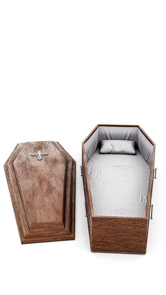 木制棺材 白色背景 3D插图 — 图库照片