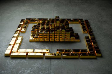 Beton zemin üzerinde altın çubuklar 3D illüstrasyon