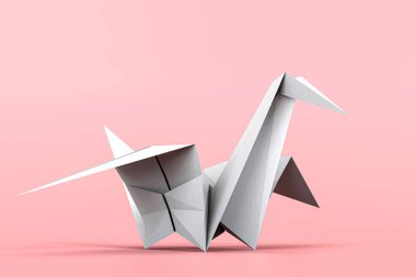 Origami kuğusu pembe arka planda izole edildi. 3D illüstrasyon