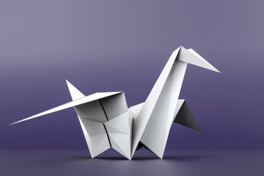 Origami kuğusu menekşe arkaplanda izole edilmiş 3d illüstrasyon