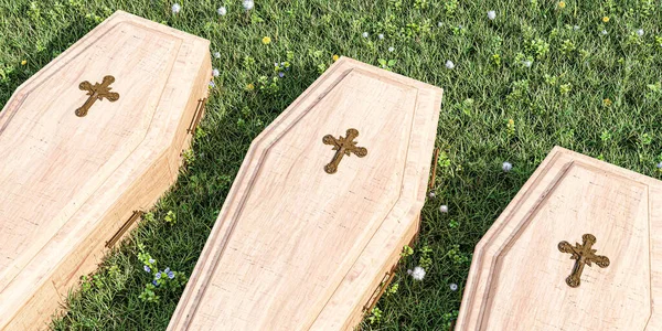 Wooden Brown Coffin Grass Illustration — Stock Photo, Image