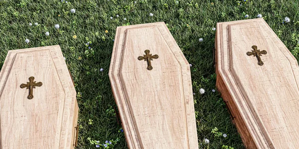 草坪上的木制棕色棺材3D插图 — 图库照片