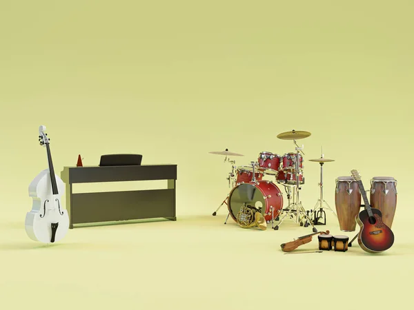 Instrumenty Muzyczne Izolowane Żółtym Tle Ilustracja — Zdjęcie stockowe