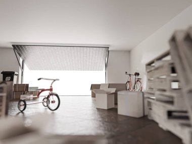 Self Storage unit with open metal door 3d illustration